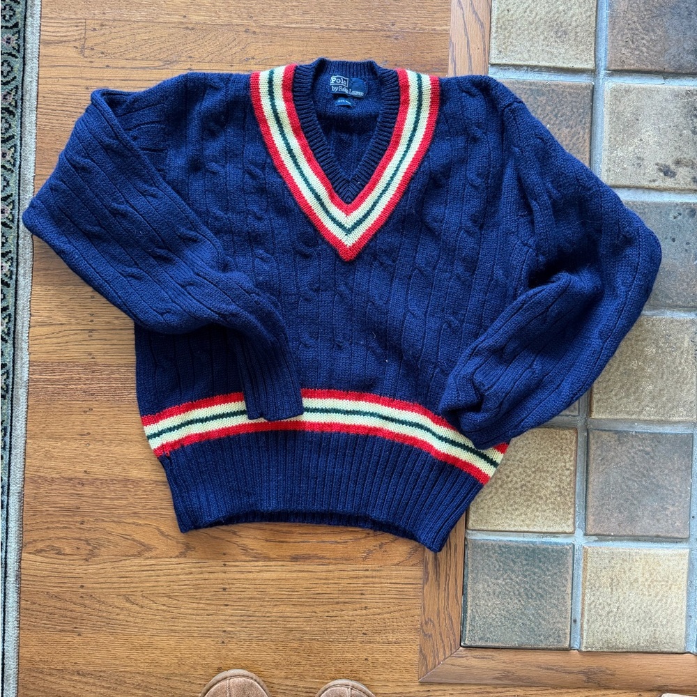 Polo Ralph Lauren Navy Cable Knit Sweater with Red and White Accents
